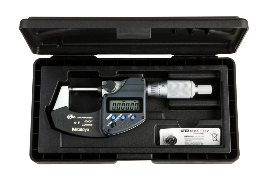 Mitutoyo Micrómetro digital 293-340-30, pulgada/métrico, tope de trinquete, rango de 0-1" (0-25.4mm), resolución de 0.0005" (0.001mm) precisión, cumple con las especificaciones IP65