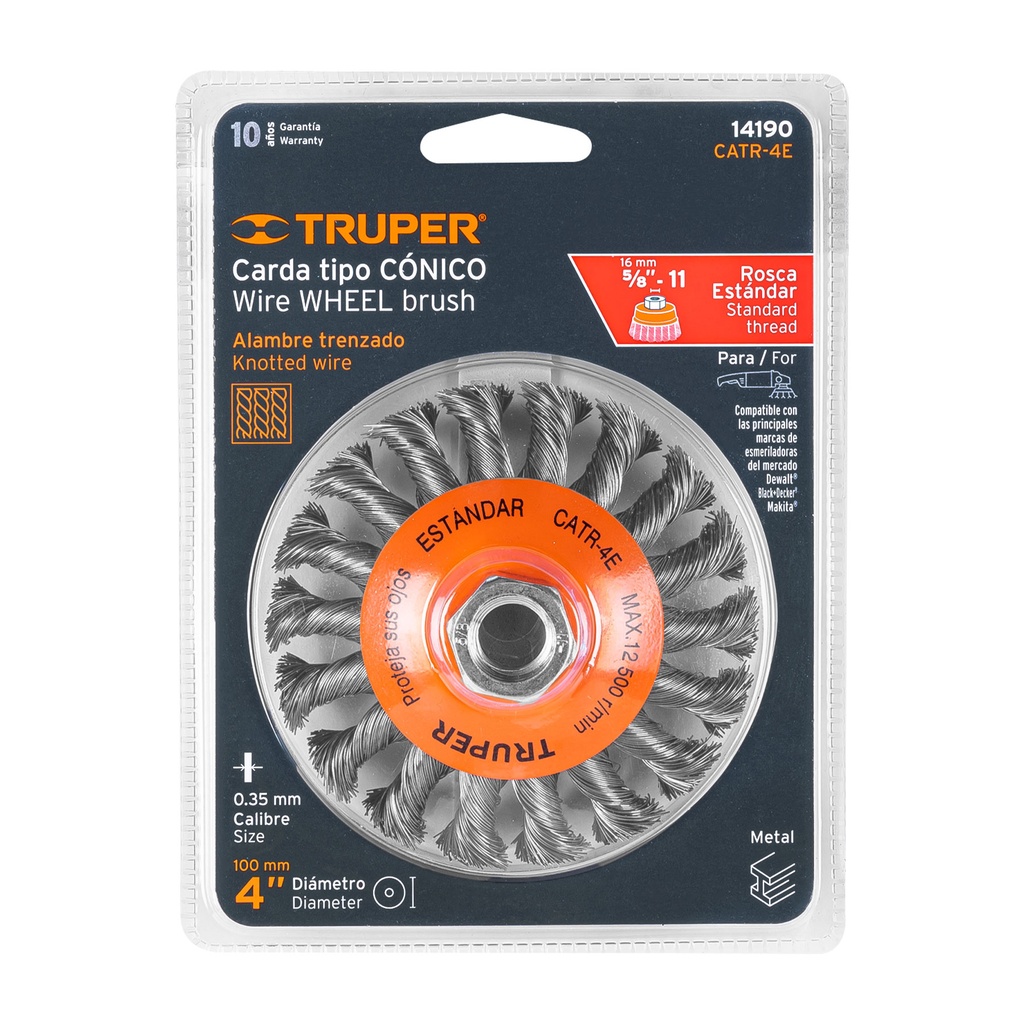Carda tipo cónico 4' alambre trenzado, eje 5/8'-11, Truper