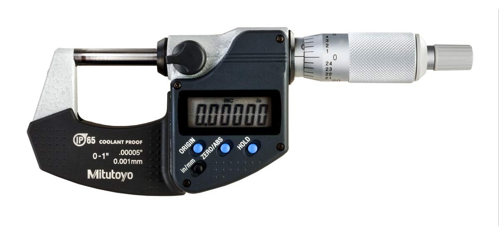 Mitutoyo Micrómetro digital 293-340-30, pulgada/métrico, tope de trinquete, rango de 0-1" (0-25.4mm), resolución de 0.0005" (0.001mm) precisión, cumple con las especificaciones IP65