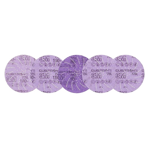 [EXT-057] Disco de película de lija limpia 775L, código: 87338,  5 pulgadas x NH, 80+ a 220+, flauta de ángulo de corte de revestimiento, color morado, Marca: 3M Cubitron