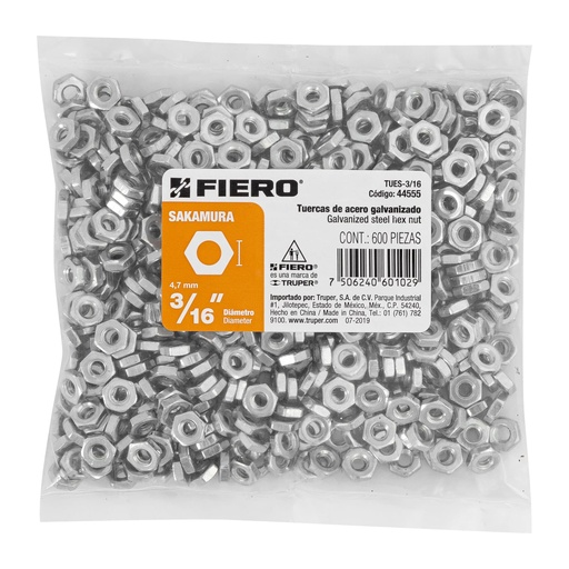 [44555] Bolsa con 600 tuercas 3/16' hexagonales tipo Sakamura, Fiero