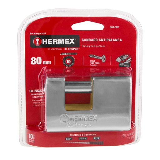 [43373] Candado antipalanca, 80mm, blindado, llave tetra, Hermex